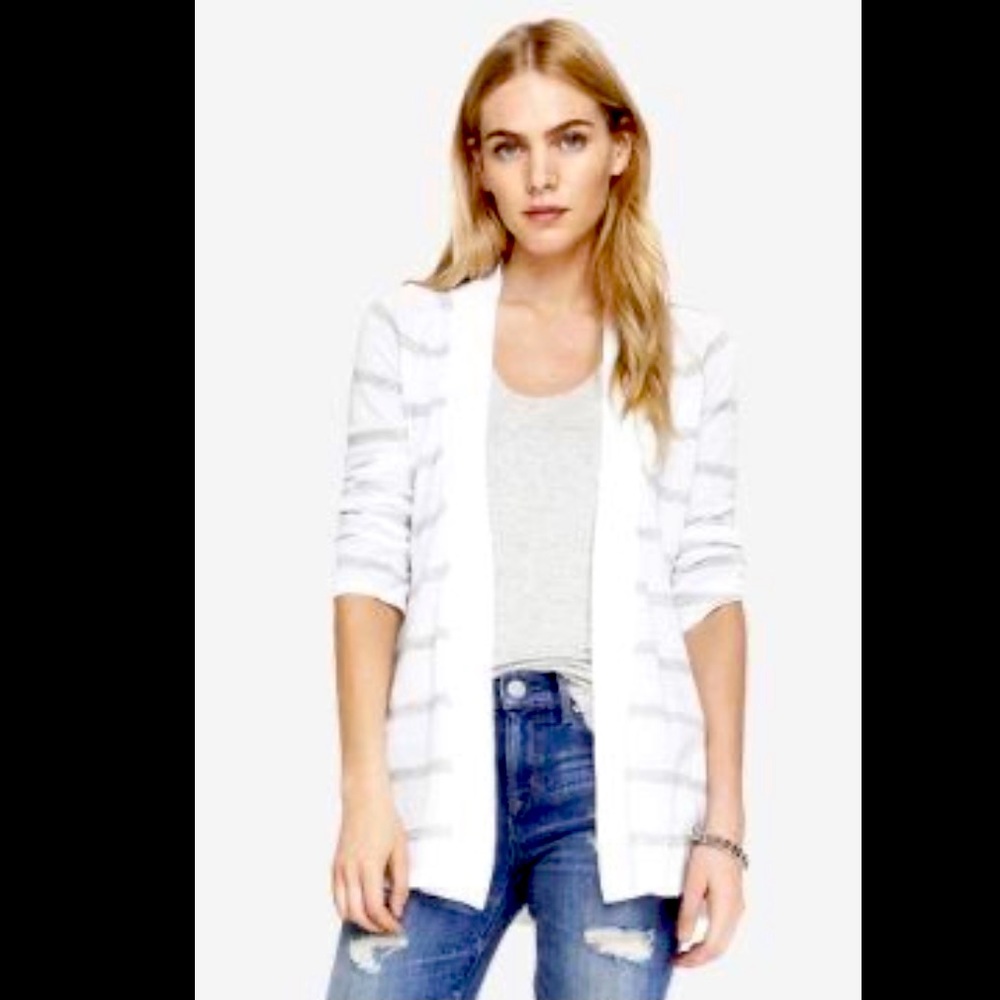 Express White and Gray Striped Open Cardigan Large